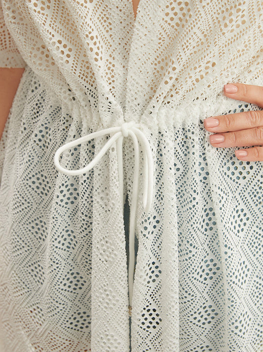 Plain Geometric Cut Out Drawstring Open Front Kimono