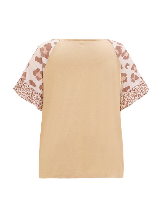 Leopard Print Raglan Sleeve Ruffle Trim T-shirt