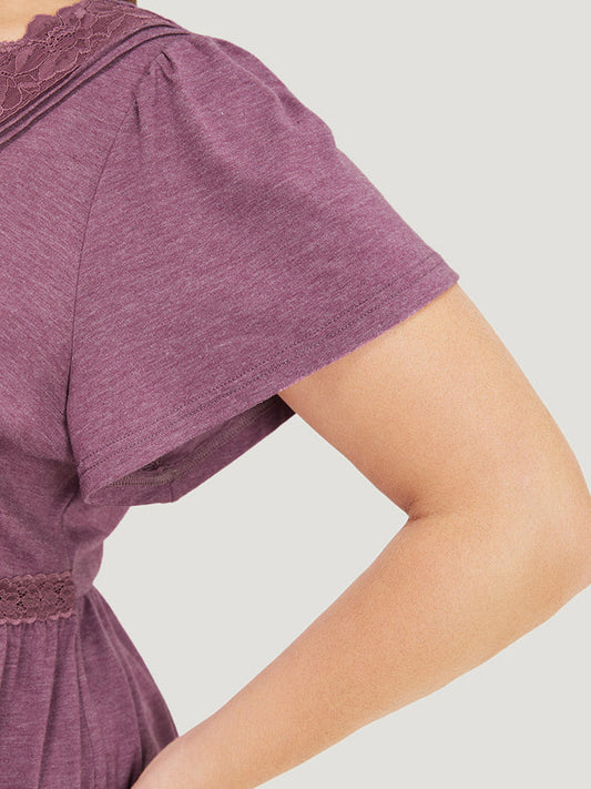 Solid Crochet Lace Ruffle Hem T-shirt