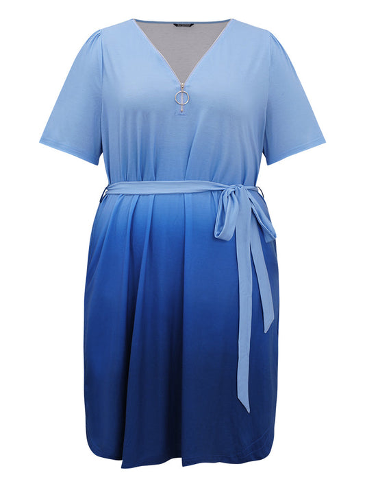 Ombre Zipper Belted Pocket Arc Hem Gathered Dress