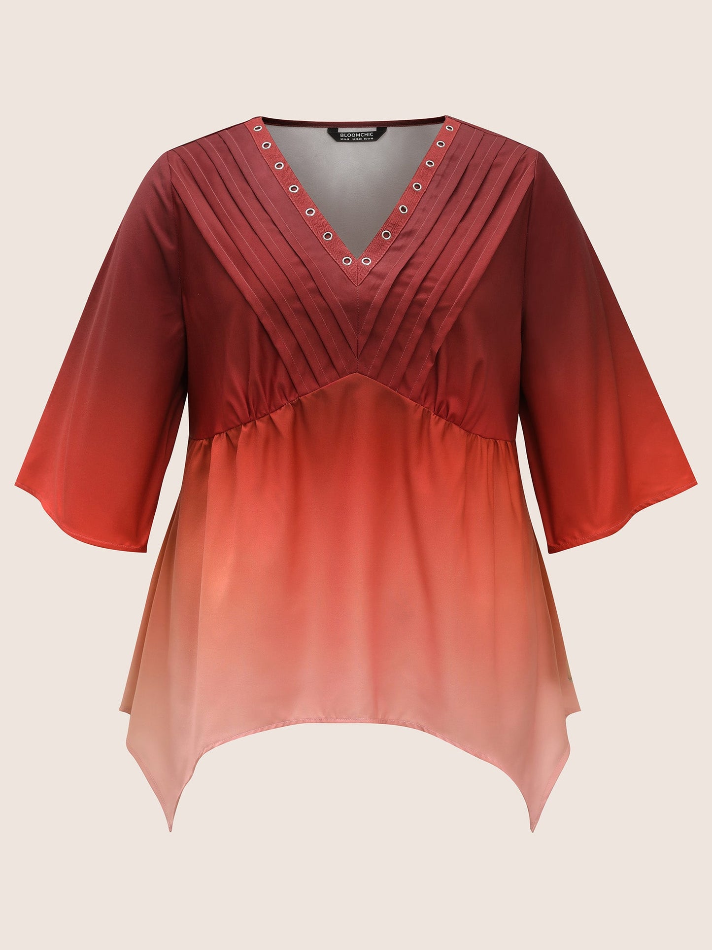 Ombre Pleated Ruffle Sleeve Asymmetrical Hem Blouse