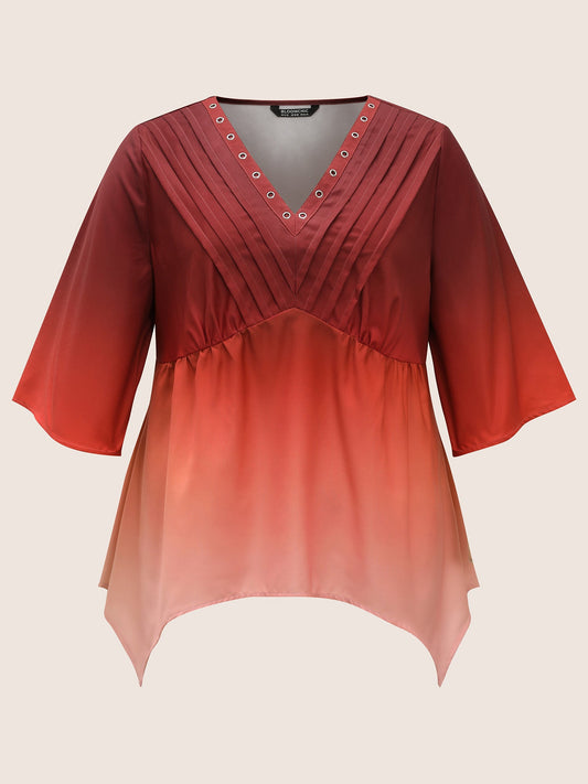 Ombre Pleated Ruffle Sleeve Asymmetrical Hem Blouse