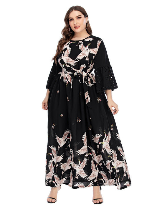 Crane Printed Flared Sleeve Maxi Dress