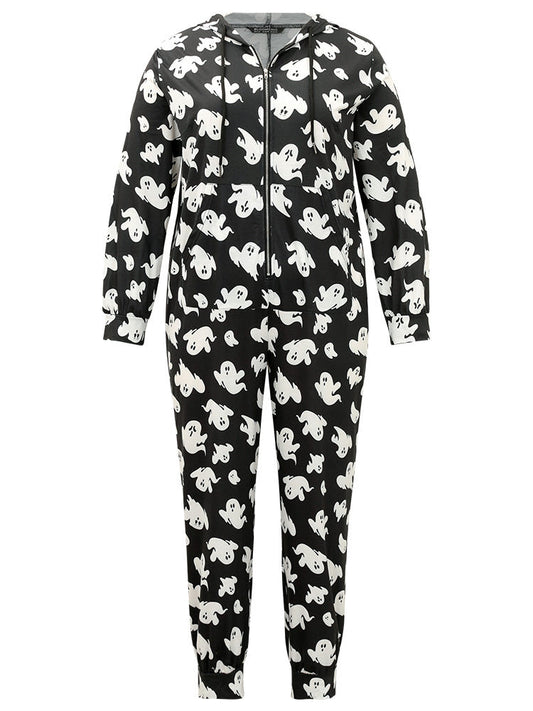 Halloween Print Hooded Pocket Zipper Sleep Jumpsuit