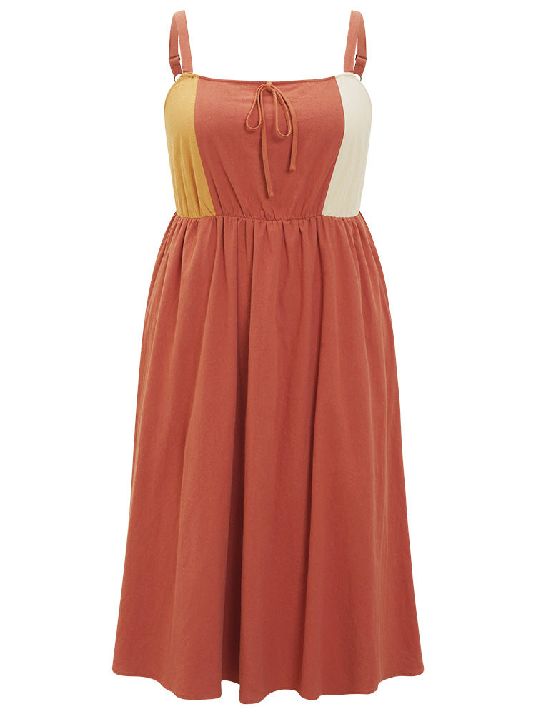 Color Block Contrast Pocket Flutter Hem Knot Cami Dress