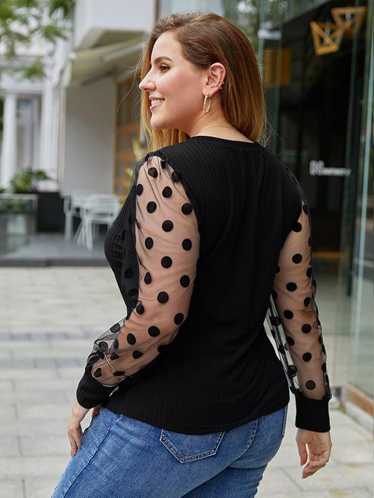 Polka Contrast Mesh Round Neck T-shirts