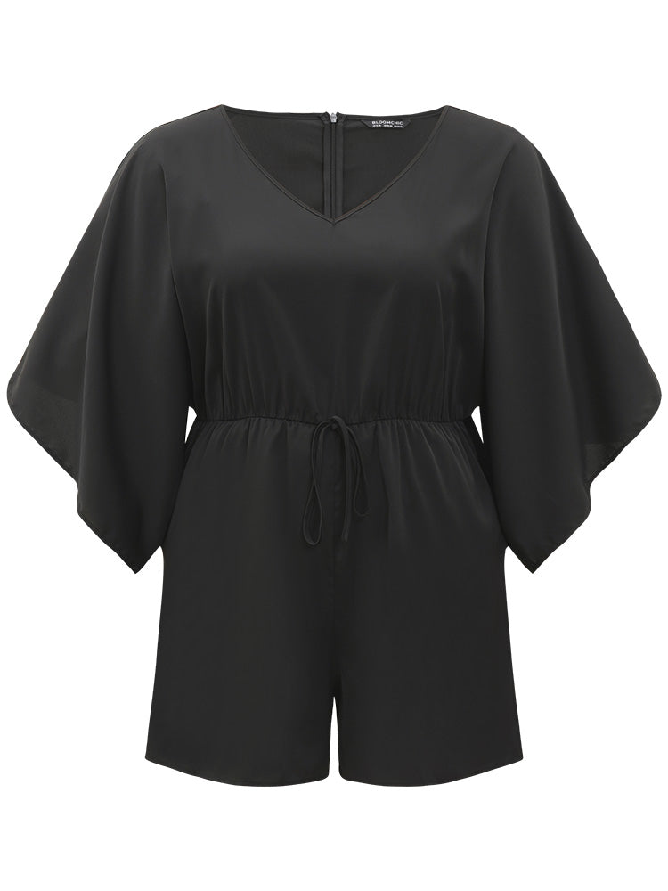 Plain Pocket Flounce Sleeve Elastic Waist Ties Jumpsuit