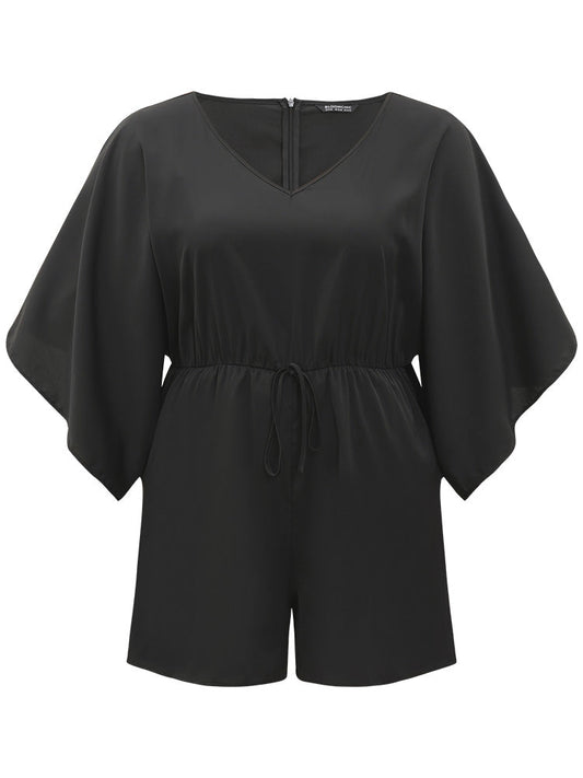 Plain Pocket Flounce Sleeve Elastic Waist Ties Jumpsuit