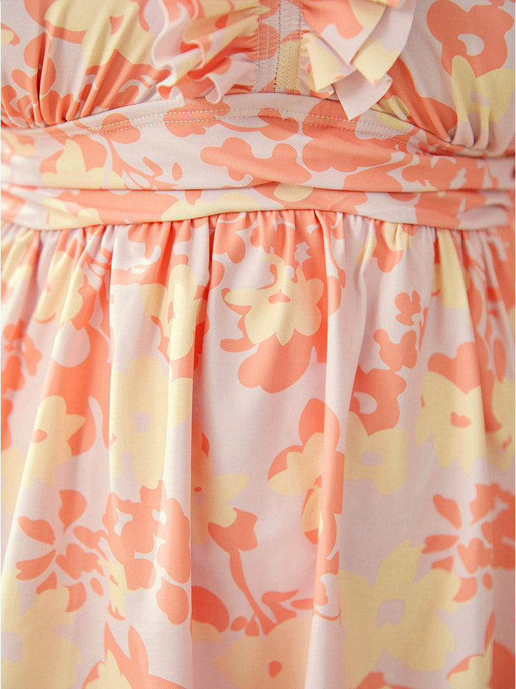 Floral Ruched Detail Ruffles Tiered Trim Swim Dress