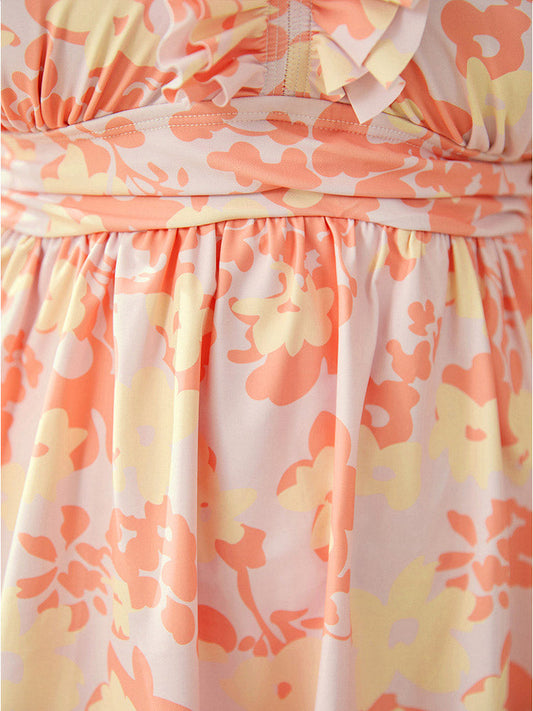 Floral Ruched Detail Ruffles Tiered Trim Swim Dress