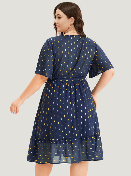 Glitter Polka Dot Surplice Neck Belted Dress