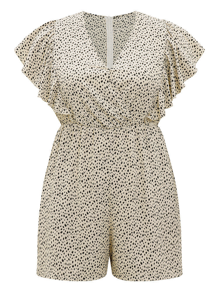 Leopard Ruffle Cap Sleeve V Neck Pocket Jumpsuit