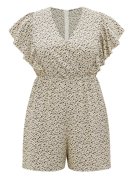 Leopard Ruffle Cap Sleeve V Neck Pocket Jumpsuit