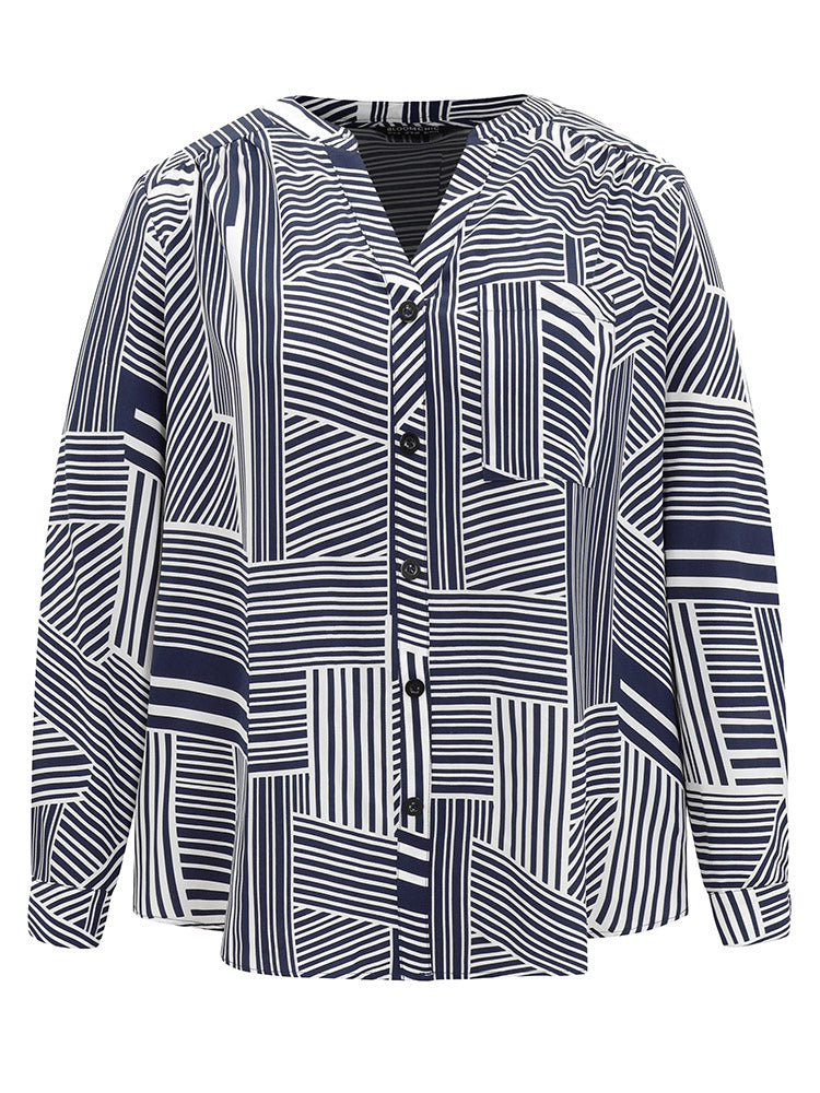 Asymmetrical Striped Notched Tab Sleeve Blouse