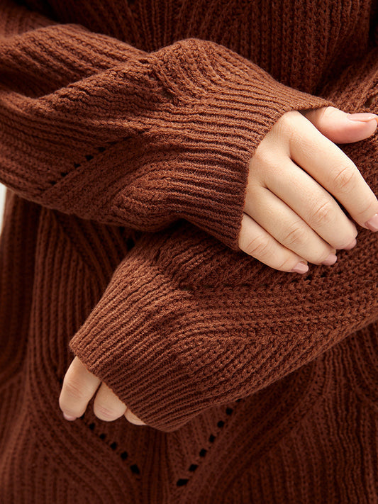 Solid Pointelle Knit Cut Out Round Neck Knit Top