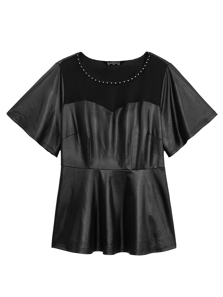 PU Leather Mesh Patchwork Pearl Beaded Blouse