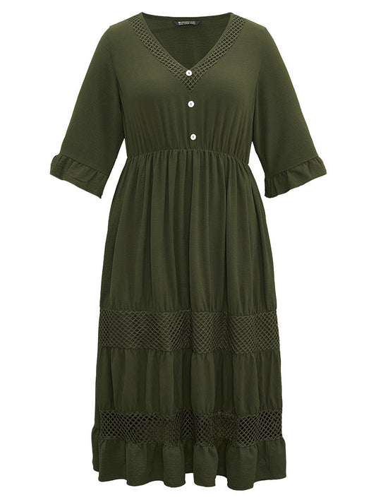 Plain Ruffles Patchwork Button Detail Cut Out Dress