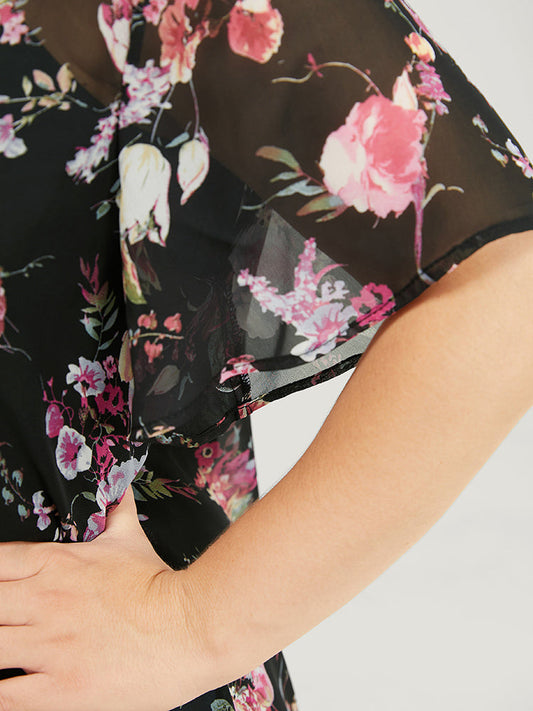 Floral Ruffle Trim V Neck Asymmetrical Hem Blouse