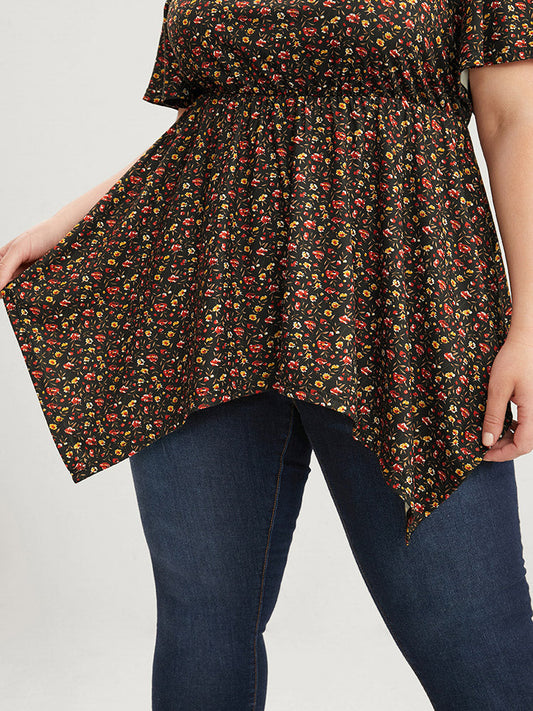 Ditsy Floral Hanky Hem Ruffle Sleeve T-shirt