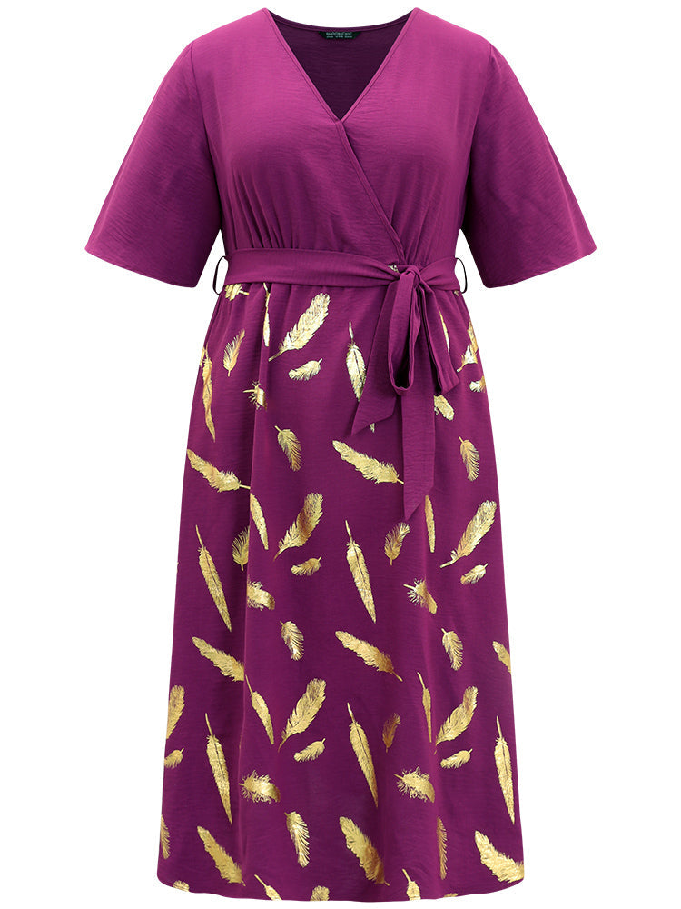 Feather Glitter Elastic Waist Patchwork Wrap Belted Dress