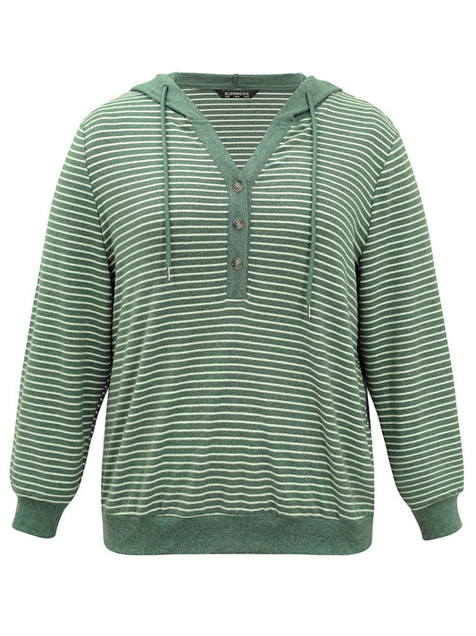Striped Hooded Drawstring Button Up Fluffy Sweatshirt