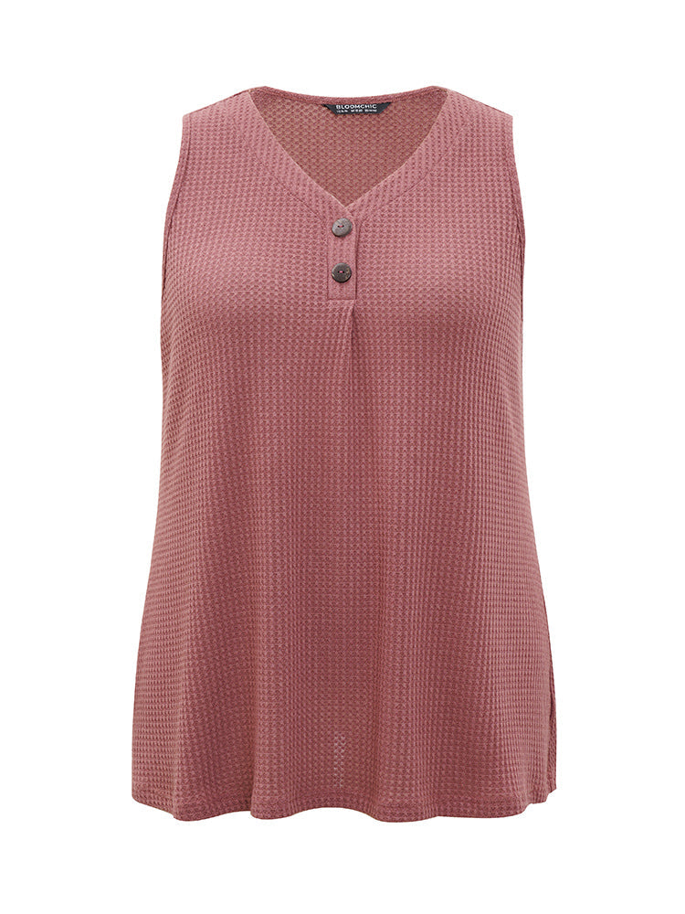Waffle Knit Button Detail Plicated Detail Tank Top
