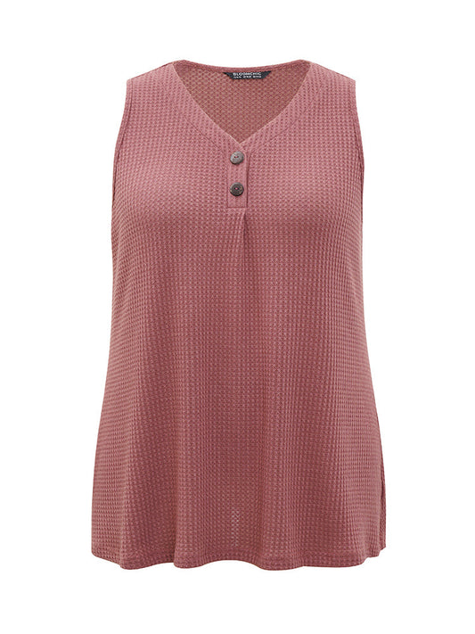 Waffle Knit Button Detail Plicated Detail Tank Top