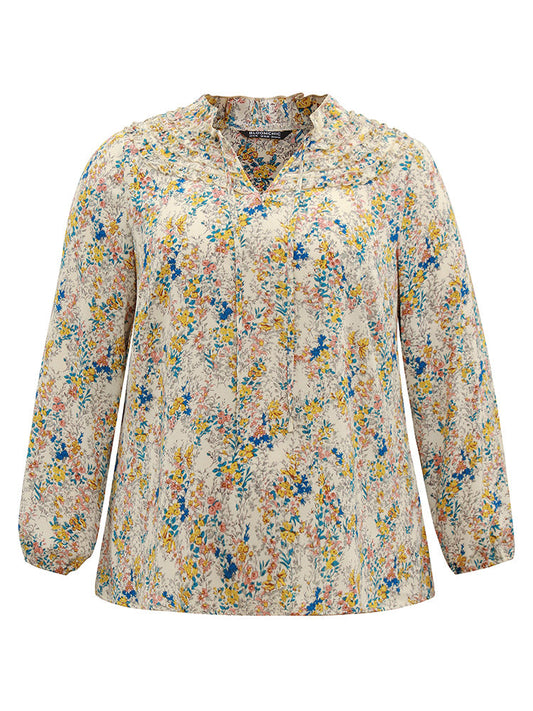 Ditsy Floral Print Notched Lantern Sleeve Blouse