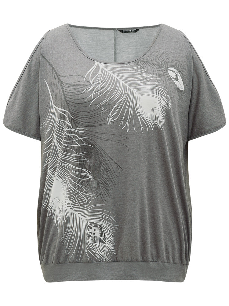Feather Print Cold Shoulder Crew Neck T-shirt