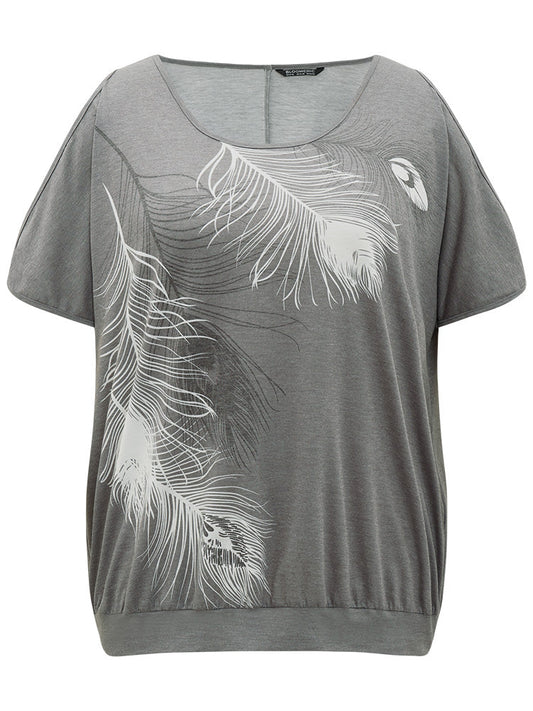 Feather Print Cold Shoulder Crew Neck T-shirt