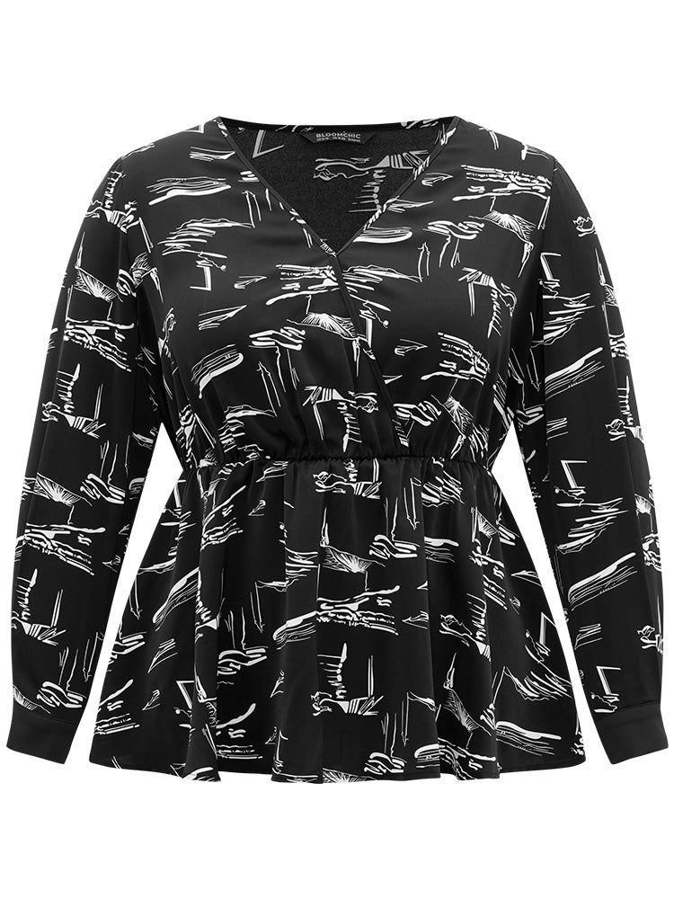 Geometric Wrap Elastic Waist Ruffle Hem Blouse