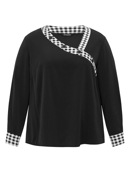 Checkered Patchwork Asymmetrical Neck Button Detail Blouse