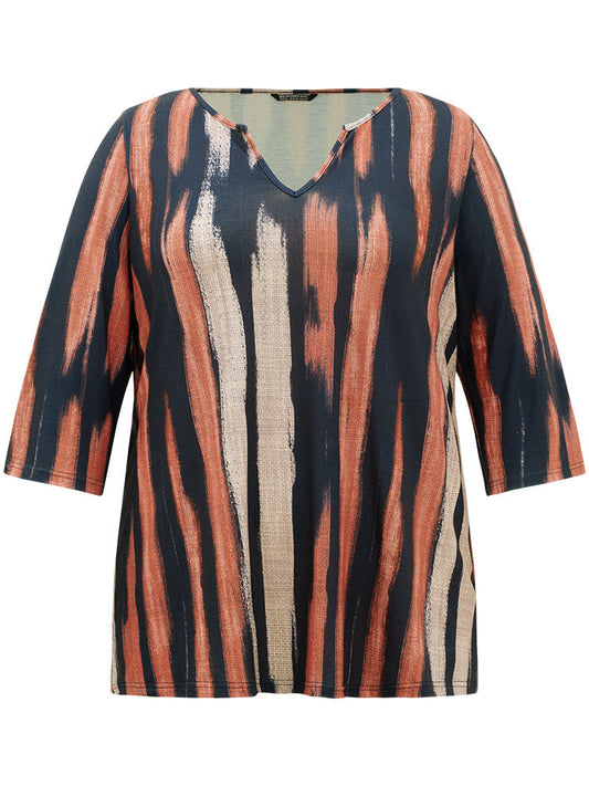 Brush Print Notched Three Quater Length Sleeve T-shirt