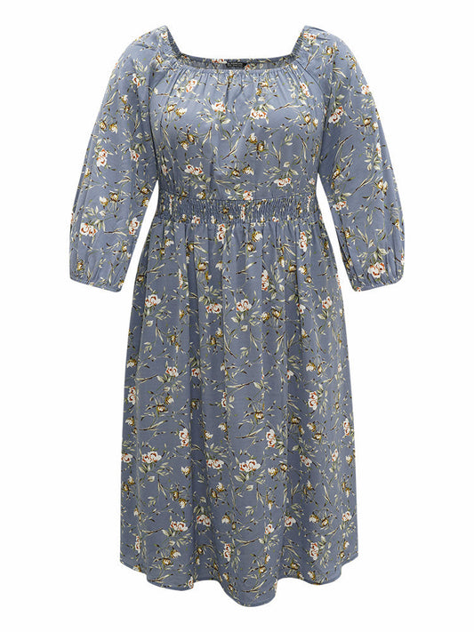 Floral Print Gathered Square Neck Shirred Dress
