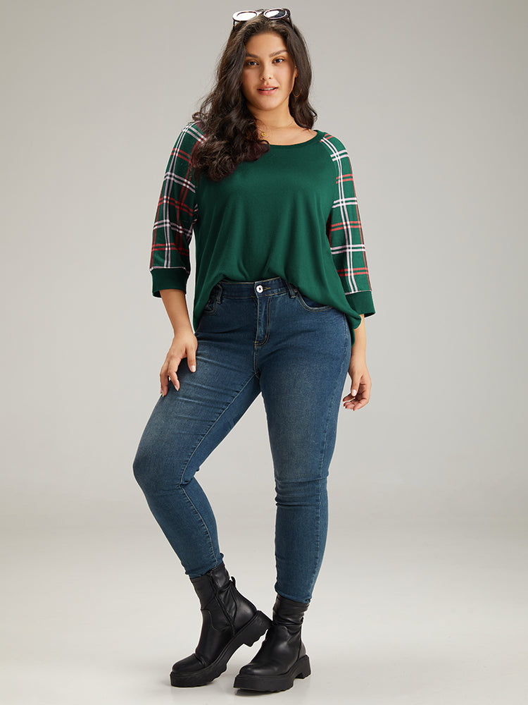 Plaid Patchwork Contrast Raglan Sleeve T-shirt