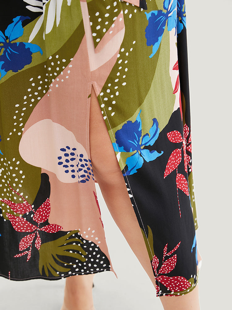 Tropical Print Cold Shoulder Pocket Wrap Ruffle Split Dress