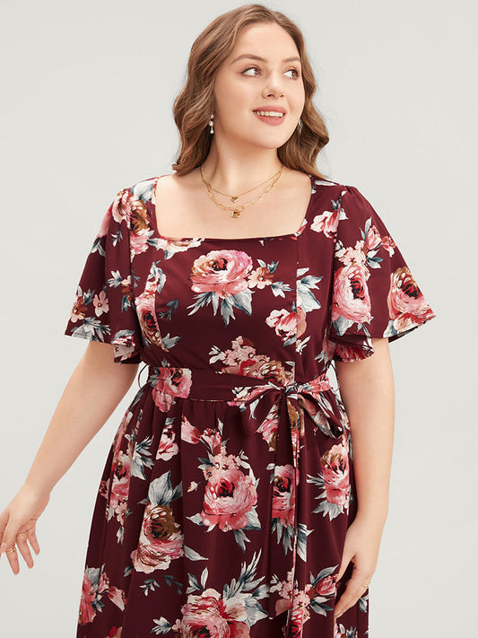 Floral Printed Pocket Ruffle Sleeve Belted Square Neck Dress