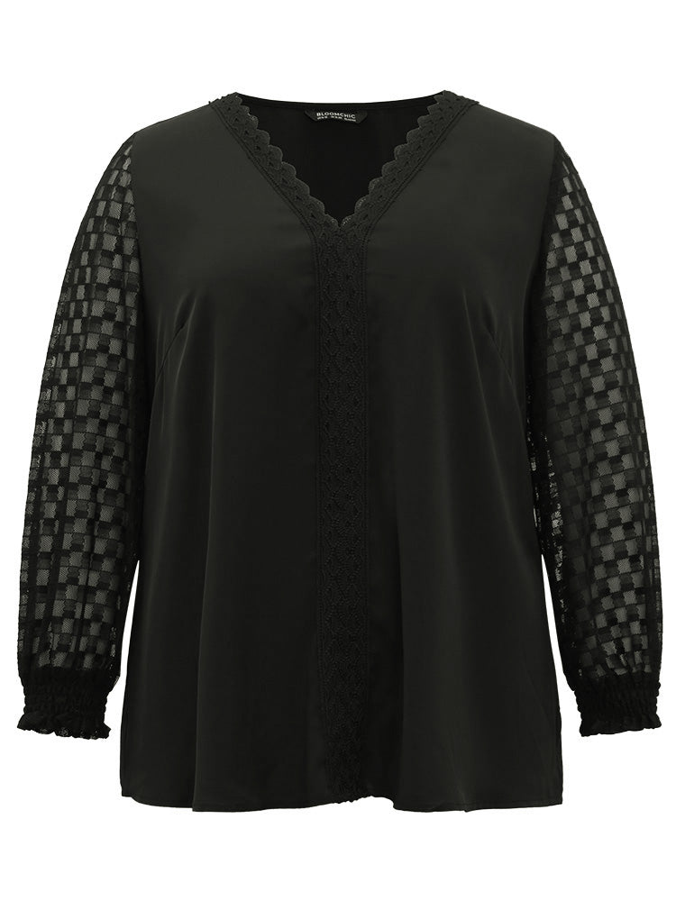 Lace Panel V Neck Shirred Mesh Blouse