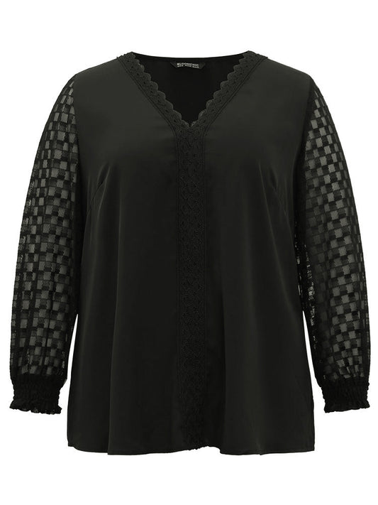 Lace Panel V Neck Shirred Mesh Blouse