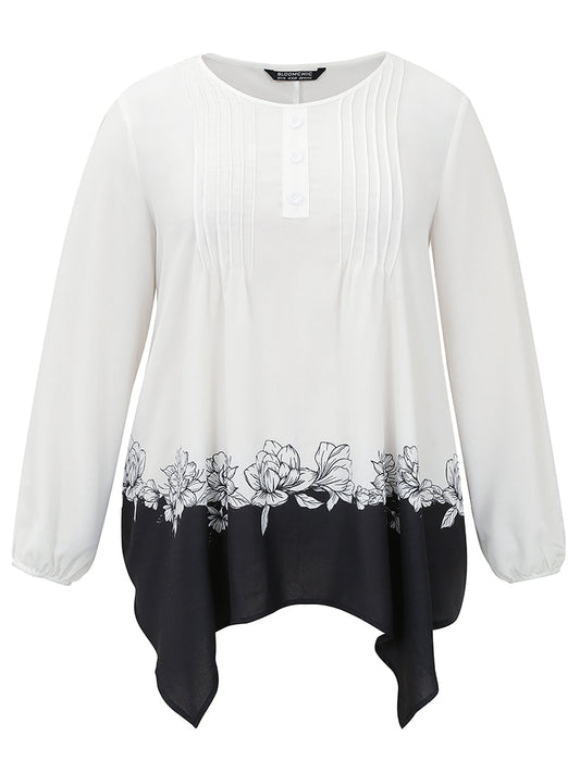 Boho Print Contrast Pleated Hanky Hem Blouse