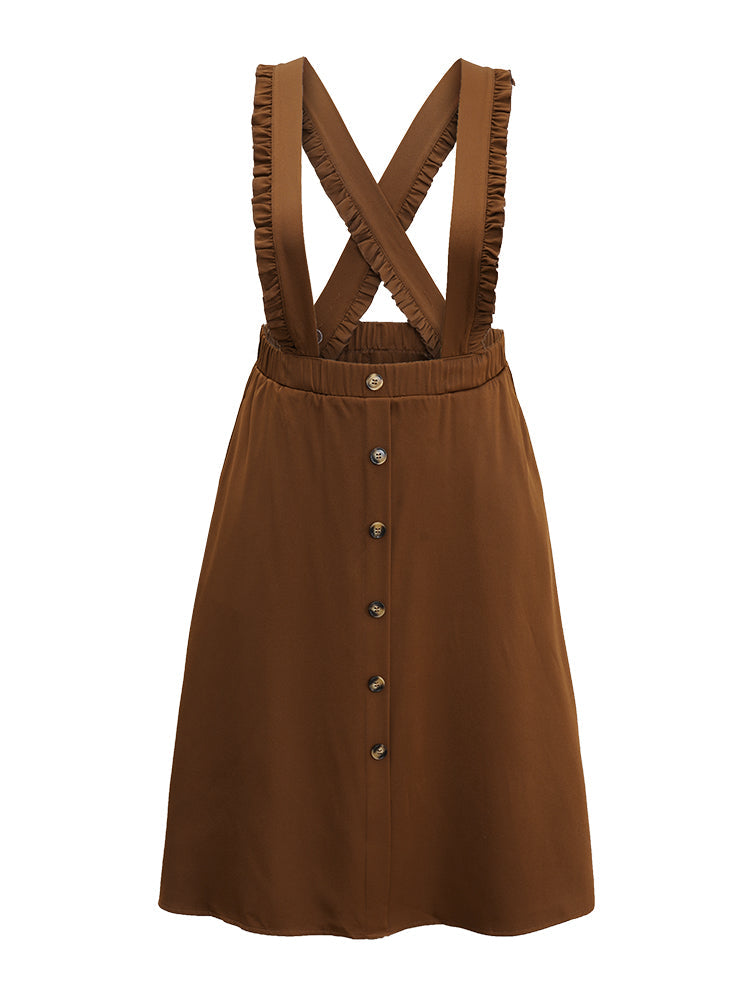 Elastic Waist Button Detail Frill Trim Overall Skirt