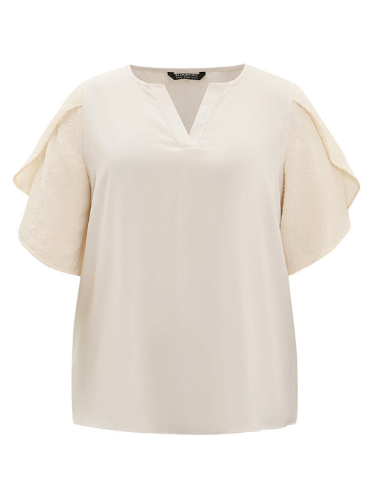 Anti-Wrinkle Solid Patchwork Petal Sleeve Notched Blouse