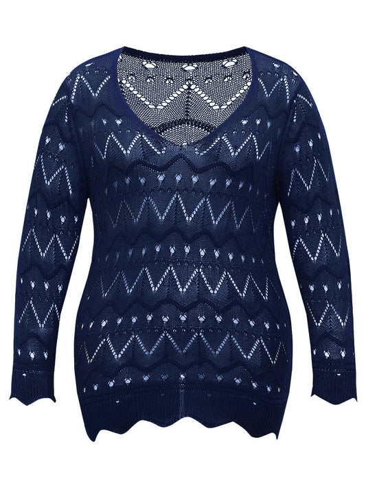 Geometric Eyelet Scalloped Trim Drop Shoulder Pullover