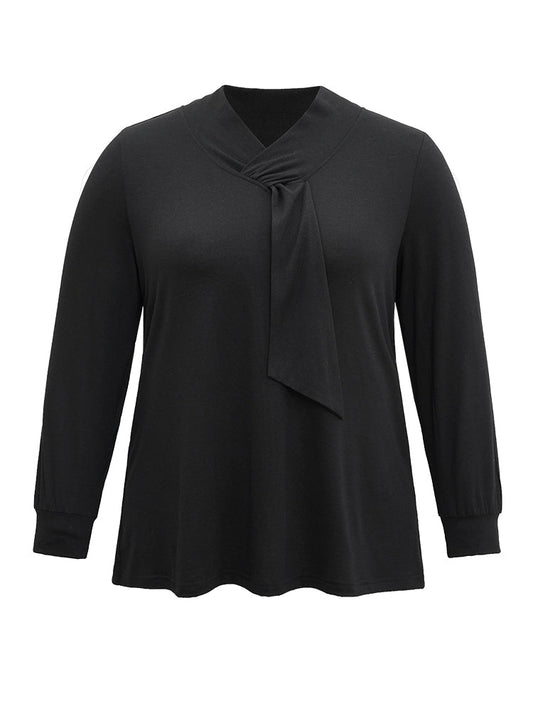 Solid Twist Front Asymmetrical Neck Knit T-shirt