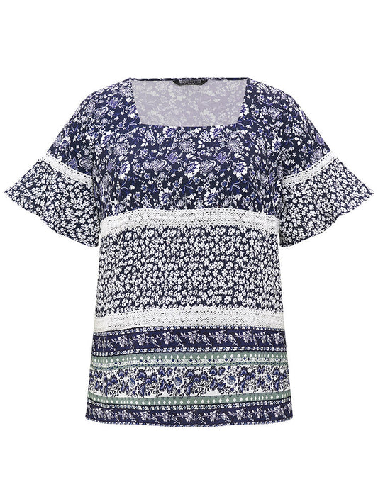 Ditsy Floral Patchwork Square Neck Flutter Sleeve Blouse