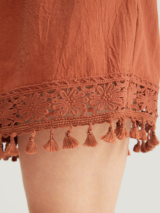 Plain Lace Hem Pocket Tassels Trim Shorts