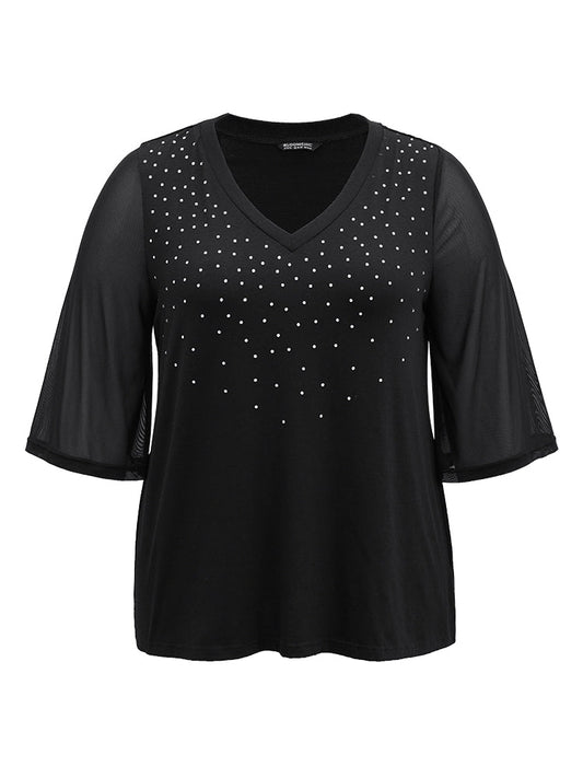 Plain Patchwork Mesh Rhinestone Detailing T-shirt