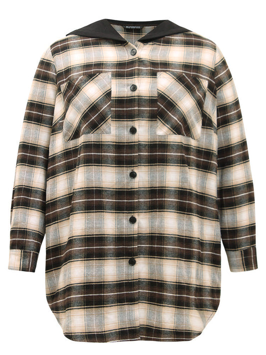 Plaid Button Up Hooded Patchwork Shacket