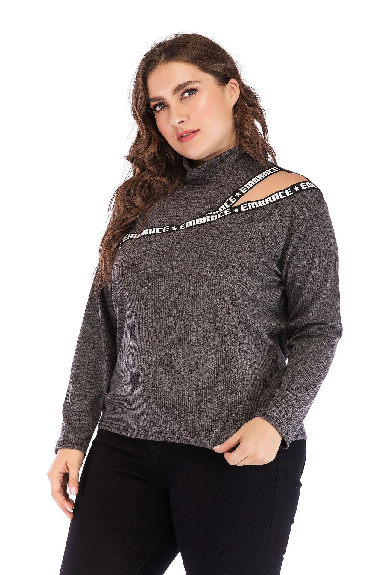 Letter Printed Hollow Out Turtleneck Knit Top