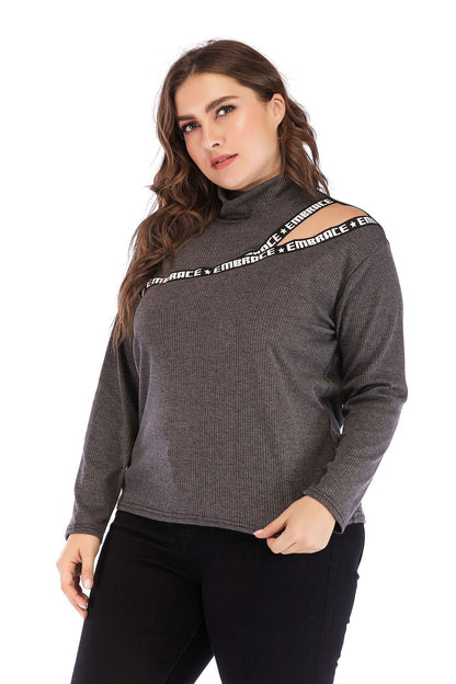 Letter Printed Hollow Out Turtleneck Knit Top